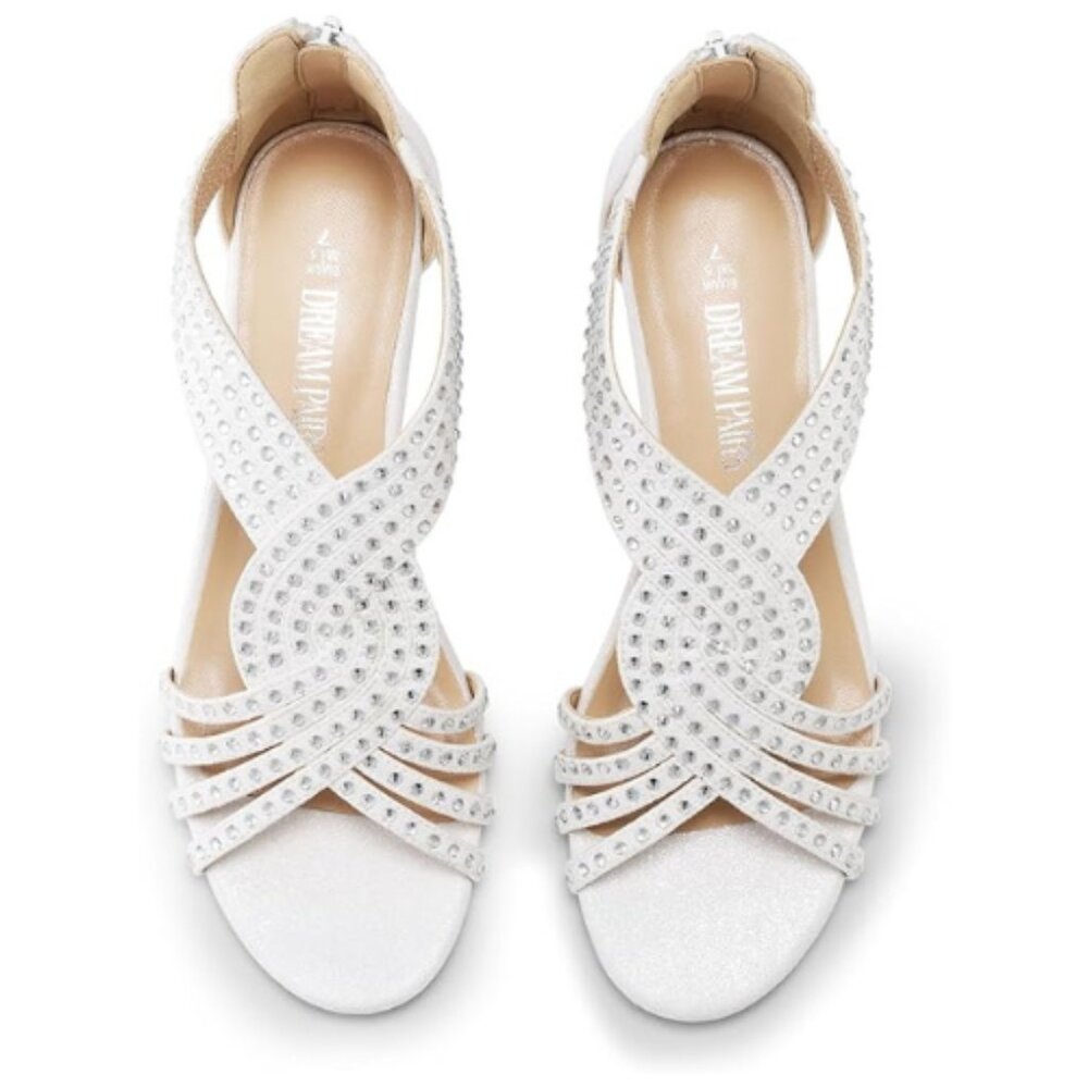 DREAM PAIRS Women's Open Toe Wedges Sandals Sparkly Rhinestone Zipper White 7M